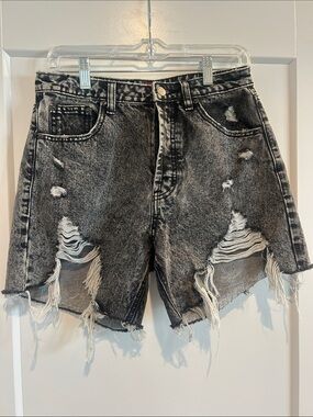Signature8 Black Acid-Wash Distressed High-Rise Denim Shorts